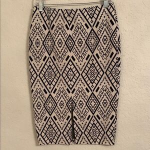 Zara Aztec Print White Black High Waisted Midi Pencil Skirt Size L